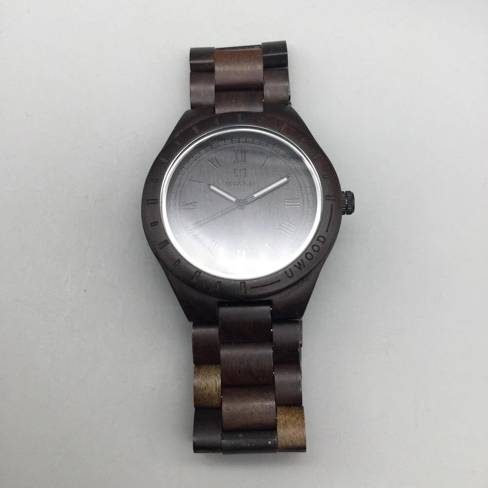 UWOOD Mens Watch 49mm Dark Brown Wooden Dial Wood Bracelet New Battery 8